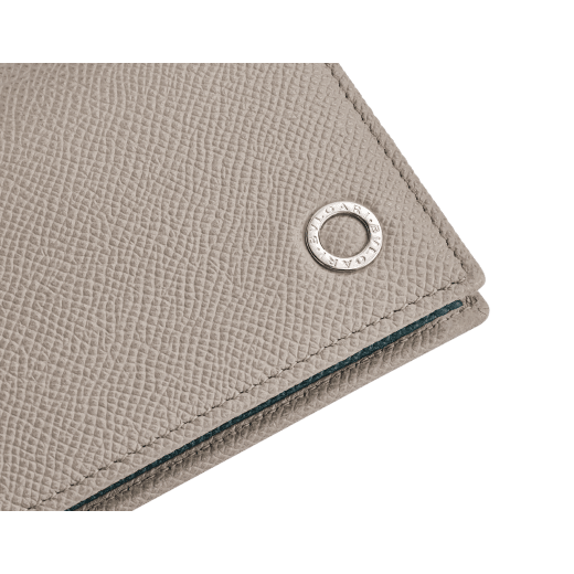 BULGARI BULGARI Man compact wallet in foggy opal grey grain calf leather with forest emerald green grain calf leather interior. Iconic palladium-plated brass décor and folded closure. BBM-WLT-ITAL-gclc image 4