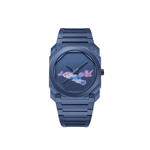 Octo Finissimo Laurent Grasso Special Edition watch with mechanical manufacture ultra-thin movement, automatic winding, titanium case and bracelet with blue PVD coating, and personalised brass dial with a 7-pass serigraphy by Laurent Grasso. Water resistant up to 30 metres. Limited Edition of 200 pieces. 104005 image 1