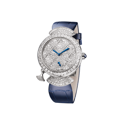 DIVAS' DREAM Finissima Mosaica watch with extra-thin mechanical manufacture movement with minute repeater, 2 hammers (manual winding), 37 mm 18 kt white gold case fully set with snow-pavé and baguette-cut diamonds, dial set with baguette and brilliant-cut diamonds, blue hands, transparent caseback and blue alligator bracelet 103497 image 2