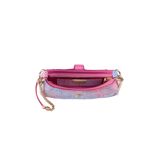 Serpenti Ellipse small crossbody bag in coral carnelian orange Urban grained calf leather with silky coral pink grosgrain lining. Captivating snakehead closure in gold-plated brass embellished with black onyx scales and red enamel eyes. 1204-UCLb image 4