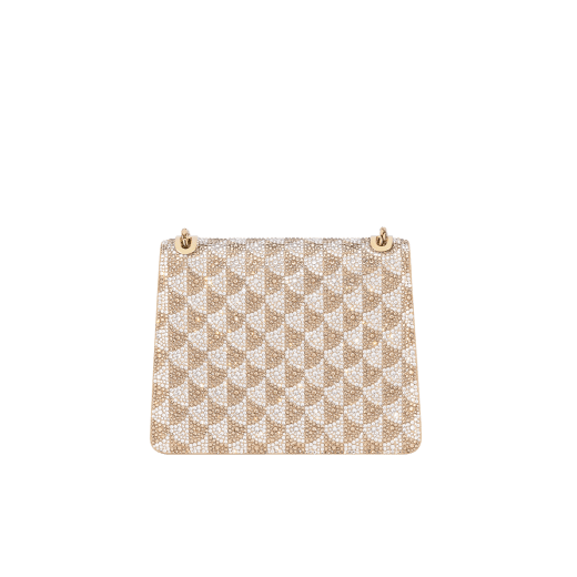 Serpenti Forever Day-to-Night small shoulder bag with a topaz and platinum Calla Crystals pattern applied on suede, and a bright Travertino nappa leather lining. Captivating snakehead magnetic closure in gold-plated brass embellished with diamond-cut engraving on the scales, and black onyx eyes. 295103 image 2