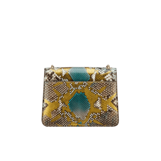 "Serpenti Forever" crossbody bag in agate-white "Camo" python skin with Mimetic Jade green nappa leather inner lining. Alluring snakehead closure in light gold-plated brass enriched with black and pearly, agate-white enamel and black onyx eyes. 422-Pa image 3
