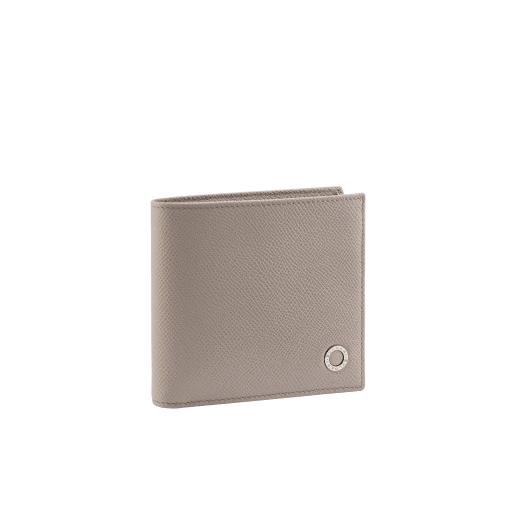 BULGARI BULGARI Man compact wallet in foggy opal grey grain calf leather with forest emerald green grain calf leather interior. Iconic palladium-plated brass décor and folded closure. BBM-WLT-ITAL-gclc image 1