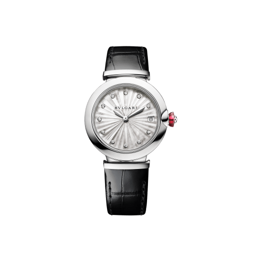 LVCEA Uhr mit Gehäuse aus Edelstahl, Zifferblatt mit weißem Perlmutt-Intarsio, Diamantindizes und schwarzem Armband aus Alligatorleder 103478 image 1