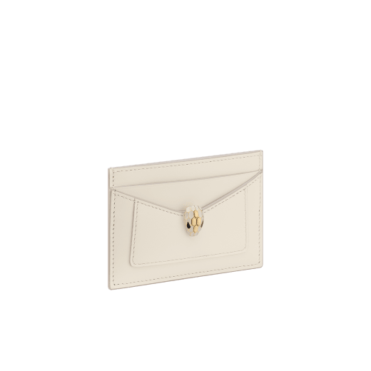 Serpenti Forever card holder in light gold Striated calf leather. Captivating snakehead décor in light gold-plated brass embellished with champagne enamel and light gold-plated brass scales, and black enamel eyes. SEA-CC-HOLDER-R image 1