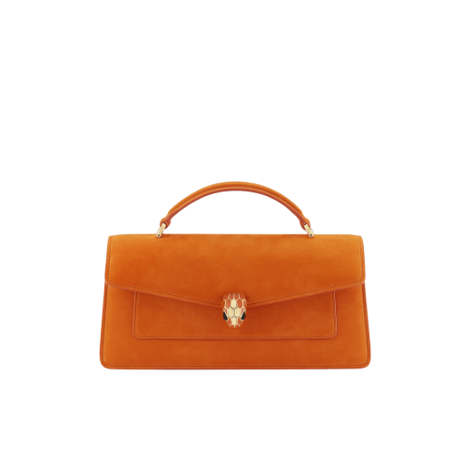 Serpenti Forever Elongated top handle bag in Terracotta nubuck leather with Terracotta nappa leather lining. Captivating snakehead magnetic closure in light gold-plated brass embellished with Terracotta enamel and gold-plated brass scales, and black onyx eyes. 295620 image 1