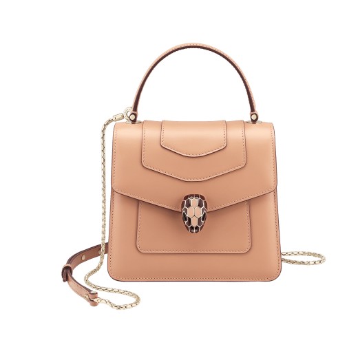 Serpenti Forever small top handle bag in white agate calf leather with heather amethyst fuchsia grosgrain lining. Captivating snakehead closure in light gold-plated brass embellished with black and white agate enamel scales and green malachite eyes. 1122-CLa image 1