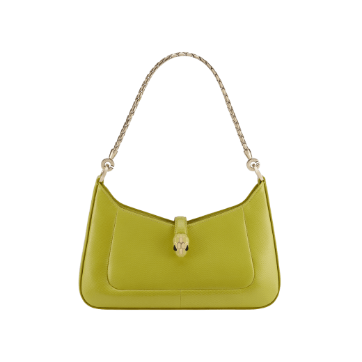 Serpenti Baia small shoulder bag in linden peridot yellowish green Pure karung skin with crystal rose pink nappa leather lining. Captivating snakehead magnetic closure in light gold-plated brass embellished with linden peridot yellowish green enamel. It features light gold-plated brass scales with black onyx eyes; additional zipped top closure. 293744 image 1