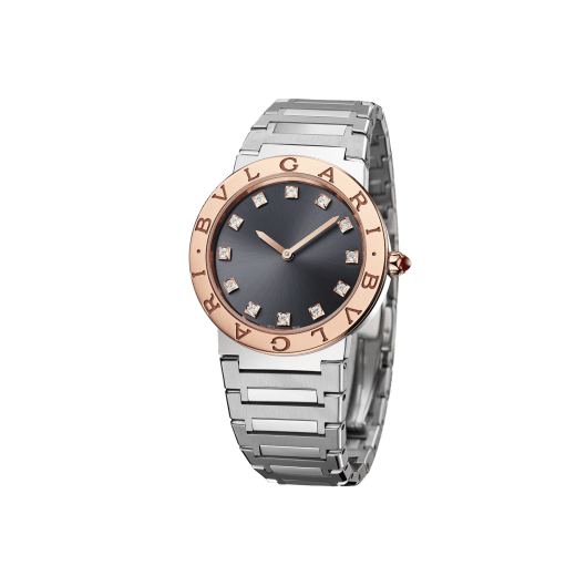 BULGARI BULGARI watch with polished and satin-brushed stainless steel case and bracelet, 18 kt rose gold bezel engraved with double logo, anthracite lacquered dial and 12 diamond indexes. Water-resistant up to 30 meters. 103757 image 3