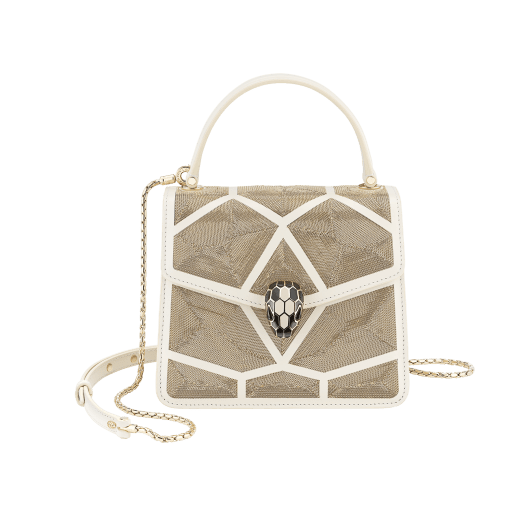 “Serpenti Forever ” crossbody bag in black calf leather and Million Chain motif body and black calf leather sides. Iconic snake head closure in light gold plated brass enriched with black enamel and black onyx eyes. 752-CP image 1