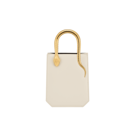 Serpentine mini tote bag in ivory opal Metropolitan calf leather with black nappa leather lining. Captivating snake body-shaped handles in gold-plated brass embellished with engraved scales and red enamel eyes. SRN-1223-CL image 1