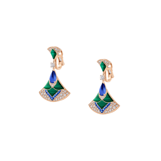 Divas' Dream 18 kt rose gold earrings set with round diamonds, pear-shaped tanzanites, fancy-cut blue sapphires, malachite elements and pavé diamonds 361441 image 2