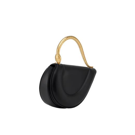 Serpenti Cuore 1968 medium top handle bag in black calf leather with black nappa leather lining. Captivating snake body-shaped top handle in gold-plated brass embellished with engraved scales and zirconia eyes; press-button closure. 294670 image 2