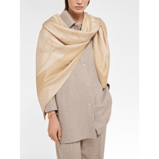 Serpenti 75 Lux scarf in fine navy blue jacquard silk and cashmere. Made of 63% silk, 24% cashmere, 8% metal and 5% polyamide. SERPENTI75-LUX-SQ image 1