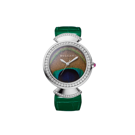 Divas’ Dream watch with mechanical manufacture movement, automatic winding, 18 kt white gold case and links set with brilliant-cut diamonds, natural peacock feather dial and green alligator bracelet. Water-resistant up to 30 meters. Limited edition of 25 pieces. 103885 image 1