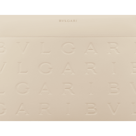 Bvlgari Logo tote bag in black calf leather with hot stamped Infinitum Bvlgari logo pattern and plain Teal Topaz green grosgrain lining. Light gold-plated brass hardware BVL-1201 image 7