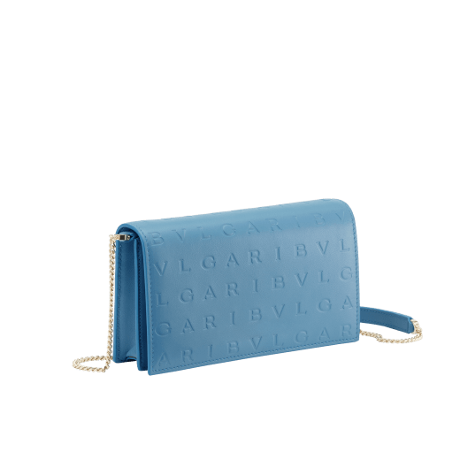 Bvlgari Logo chain wallet in Niagara Sapphire blue calf leather with hot stamped Infinitum Bvlgari logo pattern and plain Coral Carnelian orange nappa leather lining. Light gold-plated brass hardware BVL-CHAINWALLET image 1