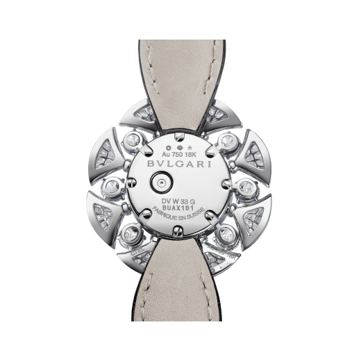 DIVAS' DREAM高级珠宝腕表，白色18K金表壳和可移动花瓣，镶嵌8颗大号圆形明亮式切割钻石和其它圆形明亮式切割钻石，密镶钻石表盘，黑色鳄鱼皮表带。防水深度可达30米。 103474 image 3