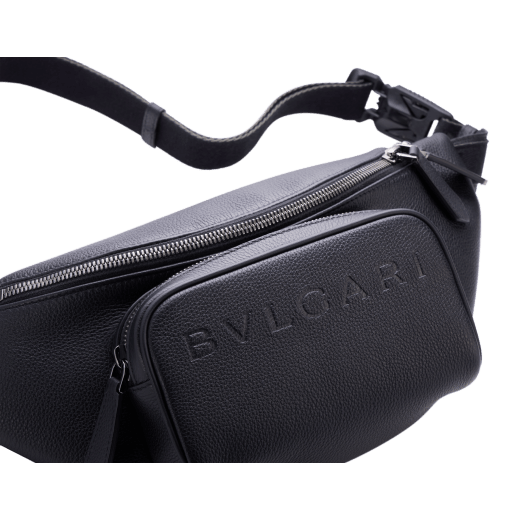 BULGARI Man small belt bag in Olympian sapphire blue smooth and grainy metal-free calf leather with Olympian sapphire blue regenerated nylon (ECONYL®) lining. Dark ruthenium-plated brass hardware, hot stamped BULGARI logo and zipped closure. BMA-1209-CL image 6