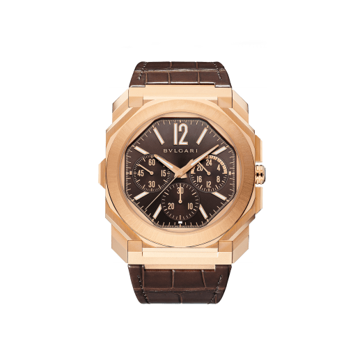 Octo Finissimo Chronograph GMT watch with mechanical manufacture ultra-thin movement (3.30 mm thick), automatic winding, 43 mm satin-polished 18 kt rose gold case, brown lacquered dial with sunray finishing and brown alligator bracelet. Water-resistant up to 100 meters. 103468 image 1