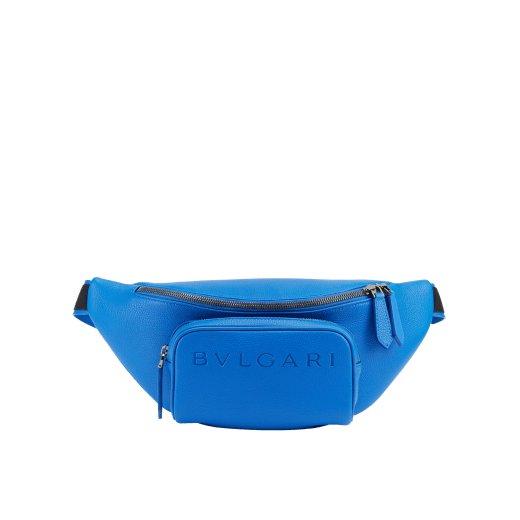 BULGARI Man small belt bag in Olympian sapphire blue smooth and grainy metal-free calf leather with Olympian sapphire blue regenerated nylon (ECONYL®) lining. Dark ruthenium-plated brass hardware, hot stamped BULGARI logo and zipped closure. BMA-1209-CL image 1
