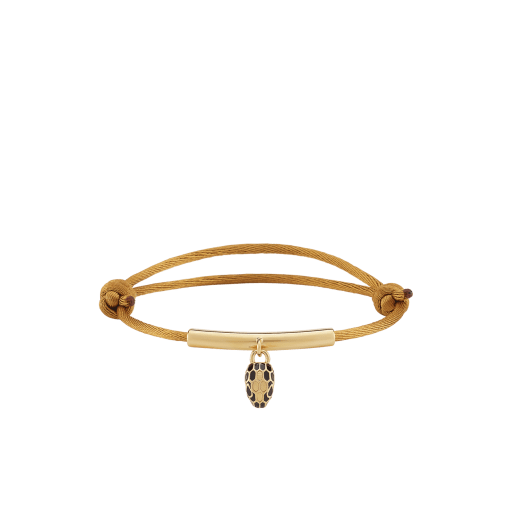 Serpenti Forever bracelet in mimetic jade green fabric. Gold-plated brass tubular element and captivating snakehead charm embellished with black and white agate enamel scales, and black enamel eyes. SERP-MINISTRINGe image 1