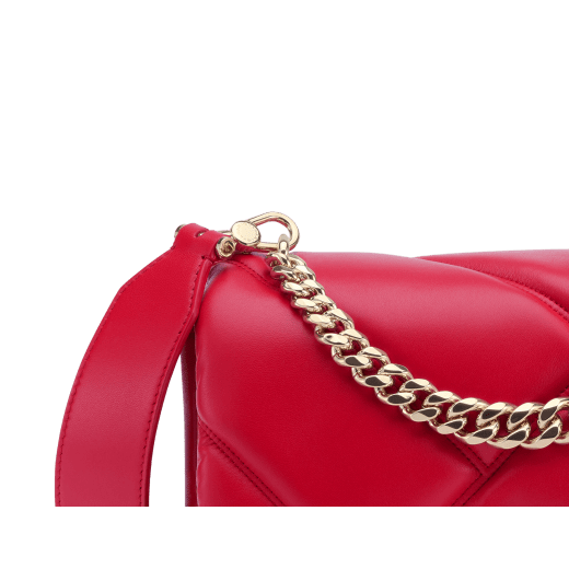 "Serpenti Cabochon" small maxi chain crossbody bag in soft quilted Blush Quartz pink calf leather, with a maxi graphic motif, and Deep Garnet burgundy nappa leather internal lining. New Serpenti head closure in gold plated brass, finished with small pink mother-of pearl scales in the middle and red enamel eyes. 1165-NSM image 5