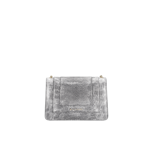 Serpenti Forever crossbody micro bag in milky opal metallic karung skin. Brass light gold plated tempting snake head closure in black and tone on tone glitter enamel, with black onyx eyes. 986-MK image 3