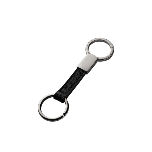 Keyholder in black grain calf leather with brass palladium plated metal parts. Two keyrings and iconic BVLGARI BVLGARI motif. BBM-KEYHOLD-STRAPa image 1