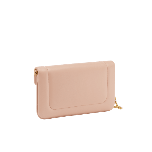Serpenti Reverse soft envelope chain pouch in Sahara amber light brown quilted Metropolitan calf leather with taffy quartz pink nappa leather interior. Captivating snakehead magnetic closure in gold-plated brass embellished with red enamel eyes. SRV-CHAINCLUTCH image 3