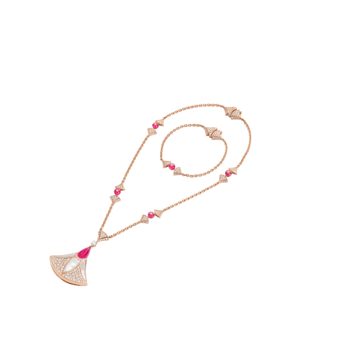 DIVAS' DREAM necklace in 18 kt rose gold set with rubellites, mother-of-pearl elements and pavé diamonds Necklace with a double wearability and a detachable Bracelet 360700 image 4