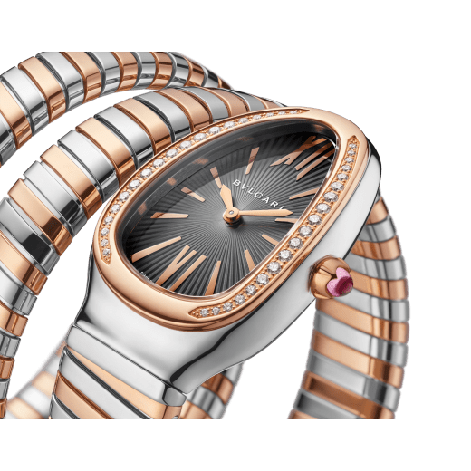 Serpenti Tubogas double spiral watch with stainless steel case, 18 kt rose gold bezel set with brilliant cut diamonds, grey lacquered dial, 18 kt rose gold and stainless steel bracelet. SERPENTI-TUBOGAS-2T-greyDialDiam image 2