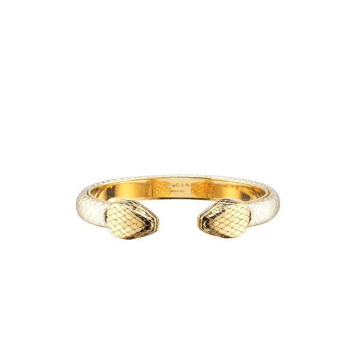 "Serpenti Forever" bangle bracelet in light gold "Molten" karung skin. New contraire Serpenti head décor in gold plated brass, finished with seductive red enamel eyes. SPContr-MoltK-LG image 1