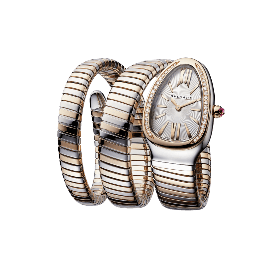 Serpenti Tubogas Lady watch, 35 mm stainless steel curved case, 18 kt rose gold bezel set with diamonds, 18 kt rose gold crown set with a cabochon-cut rubellite, silver opaline dial with guilloché soleil treatment, double spiral bracelet in stainless steel and 18 kt rose gold. Quartz movement, hours and minutes functions. Water proof 30 m. 103149 image 2