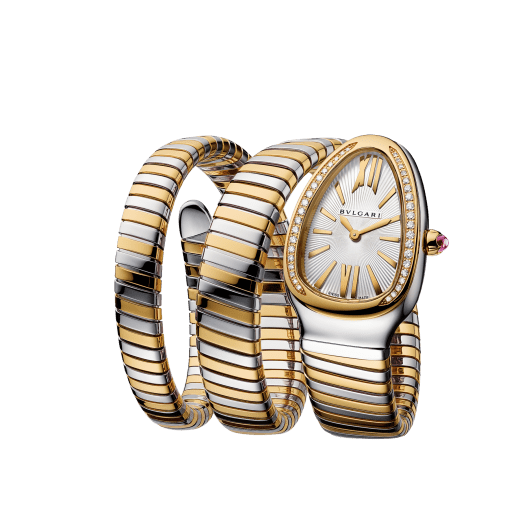 Serpenti Tubogas double-spiral watch in 18 kt yellow gold and stainless steel with diamond-set bezel and silver opaline dial with guilloché soleil treatment. Water-resistant up to 30 meters 103797 image 3