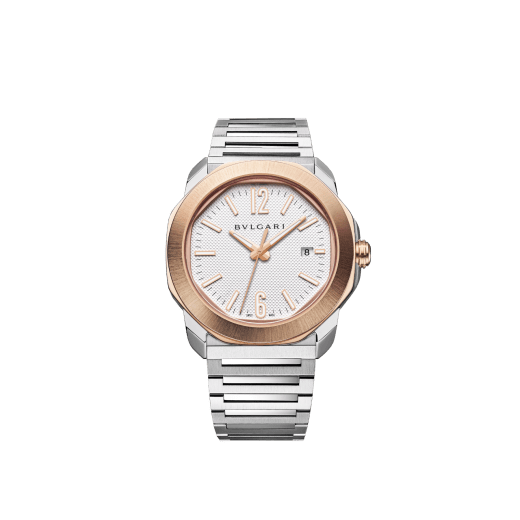 Octo Roma watch in stainless steel with additional interchangeable brown rubber strap, 18 kt rose gold bezel and grey Clous de Paris dial. Mechanical manufacture movement with automatic winding. Water-resistant up to 100 metres. 103928 image 1