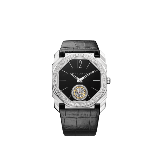 Octo Finissimo Tourbillon Limited Edition watch with extra thin mechanical manufacture movement and manual winding, platinum case, bezel set with baguette-cut diamonds, black lacquered dial with tourbillon see-through opening and black alligator bracelet. 102401 image 1