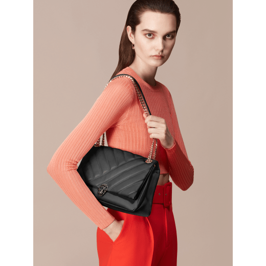 Serpenti Cabochon shoulder bag in soft matelassé white agate nappa leather with graphic motif and white agate calf leather. Snakehead closure in rose gold plated brass decorated with matte black and white enamel, and black onyx eyes. 979-NSM image 5