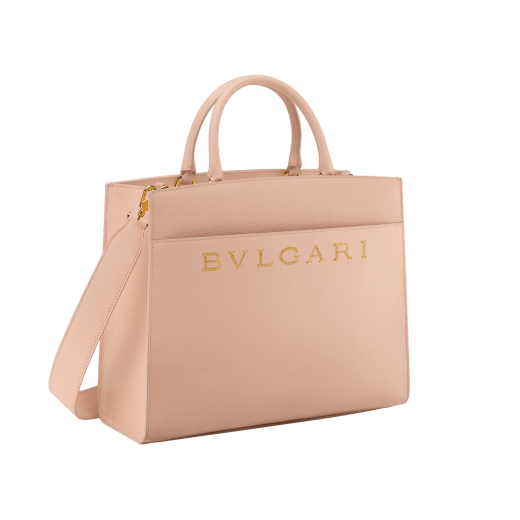 Bulgari Logo medium tote bag in foggy opal grey smooth and grained calf leather with linen agate beige grosgrain lining. Iconic Bulgari logo decorative chain in light gold-plated brass, with hook fastening. BVL-1250-CLL image 2