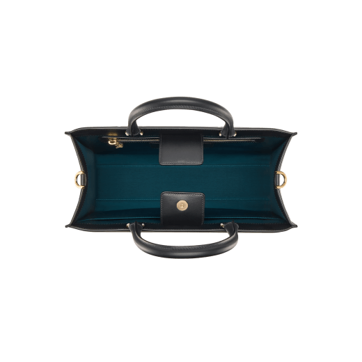Bulgari Logo medium tote bag in black calf leather with hot-stamped Infinitum pattern on the main body and teal topaz green grosgrain lining. Light gold-plated brass hardware and magnet closure. BVL-1251M-ICL image 3