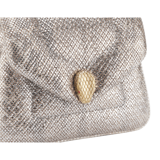 Serpenti Reverse micro top handle bag in white agate metallic karung skin with black nappa leather lining. Captivating snakehead magnetic closure in light gold-plated brass embellished with red enamel eyes. 293440 image 4