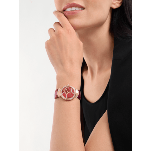 Divas' Dream watch with 18 kt rose gold case set with brilliant-cut diamonds, marquetry dial set with red wood elements and brilliant-cut diamonds, and red alligator bracelet. Water-resistant up to 30 metres 103995 image 1