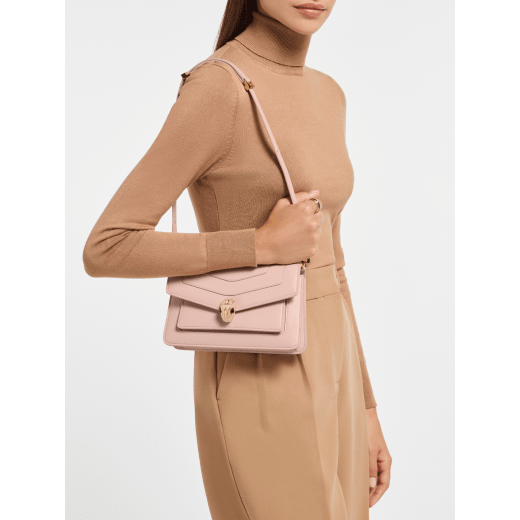 Serpenti Forever East-West small shoulder bag in star rose pink calf leather with crystal rose gros grain lining. Captivating snakehead magnetic closure in gold-plated brass embellished with crystal rose enamel and gold-plated brass scales, and black onyx eyes. 294567 image 2