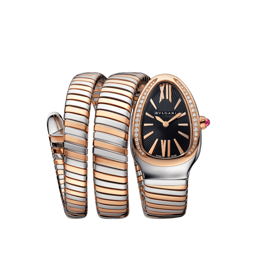 Serpenti Tubogas double spiral watch with stainless steel case, 18 kt rose gold bezel set with brilliant cut diamonds, black opaline dial, 18 kt rose gold and stainless steel bracelet. 102099 image 1