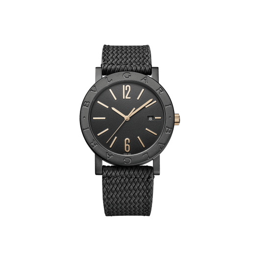 BVLGARI BVLGARI Solotempo watch with mechanical manufacture movement, automatic winding and date, stainless steel case treated with black Diamond Like Carbon and bezel engraved with double logo, black dial and black rubber bracelet 102929 image 1