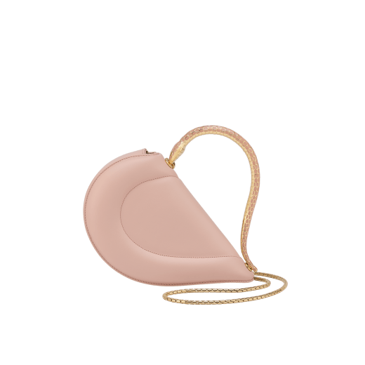 Serpenti Cuore 1968 top handle bag in star rose pink calf leather with crystal rose nappa leather lining. Captivating snake body-shaped top handle in gold-plated brass embellished with star rose pink enamel scales and zirconia eyes; press-button closure. SRN-001-1326S image 1