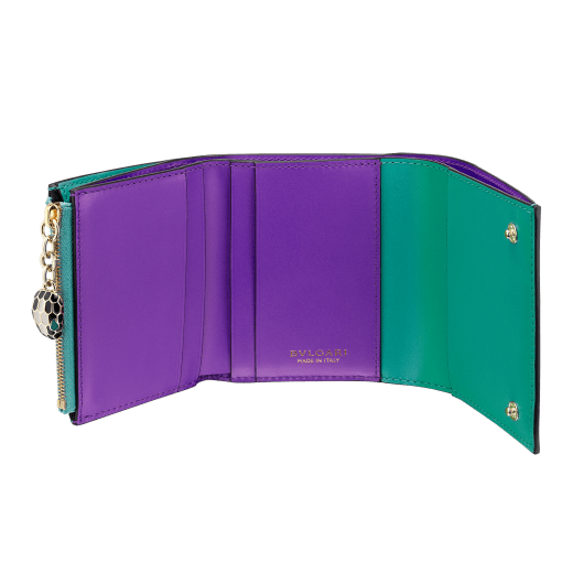 Serpenti Forever super compact wallet in black and emerald calf leather. Iconic snake head zip puller in black and white enamel, with green malachite enamel eyes. SEA-SUPERCOMPACT-CLb image 2
