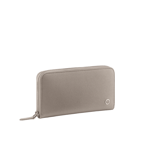 BULGARI BULGARI Man large zipped wallet in foggy opal grey grain calf leather with forest emerald green grain calf leather interior. Iconic palladium-plated brass décor and zip around closure. BBM-WLTZIPgcla image 1