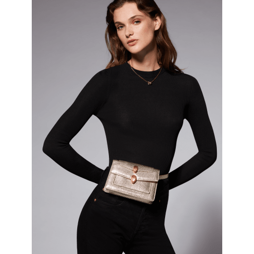 Alexander Wang x Bvlgari belt bag in light gold Molten karung skin with black nappa leather lining. Exclusively redesigned double Serpenti head clasp in antique gold-plated brass with seductive red enamel eyes. 291188 image 9