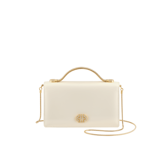 Tubogas Top Handle bag in Perla White calf leather with Perla White nappa leather lining. Iconic Tubogas handle in gold-finished brass with Parentesi details both set with zirconia and a clasp closure. 295714 image 4